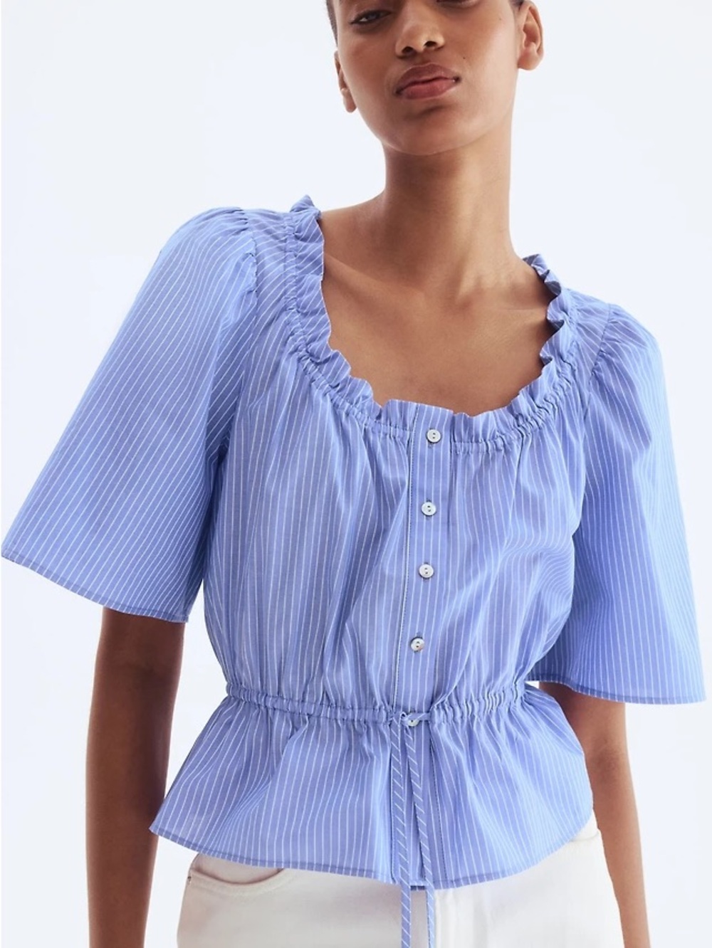 H&M Blue and White Striped Button-Front Tie Waist Peasant Top, size Medium